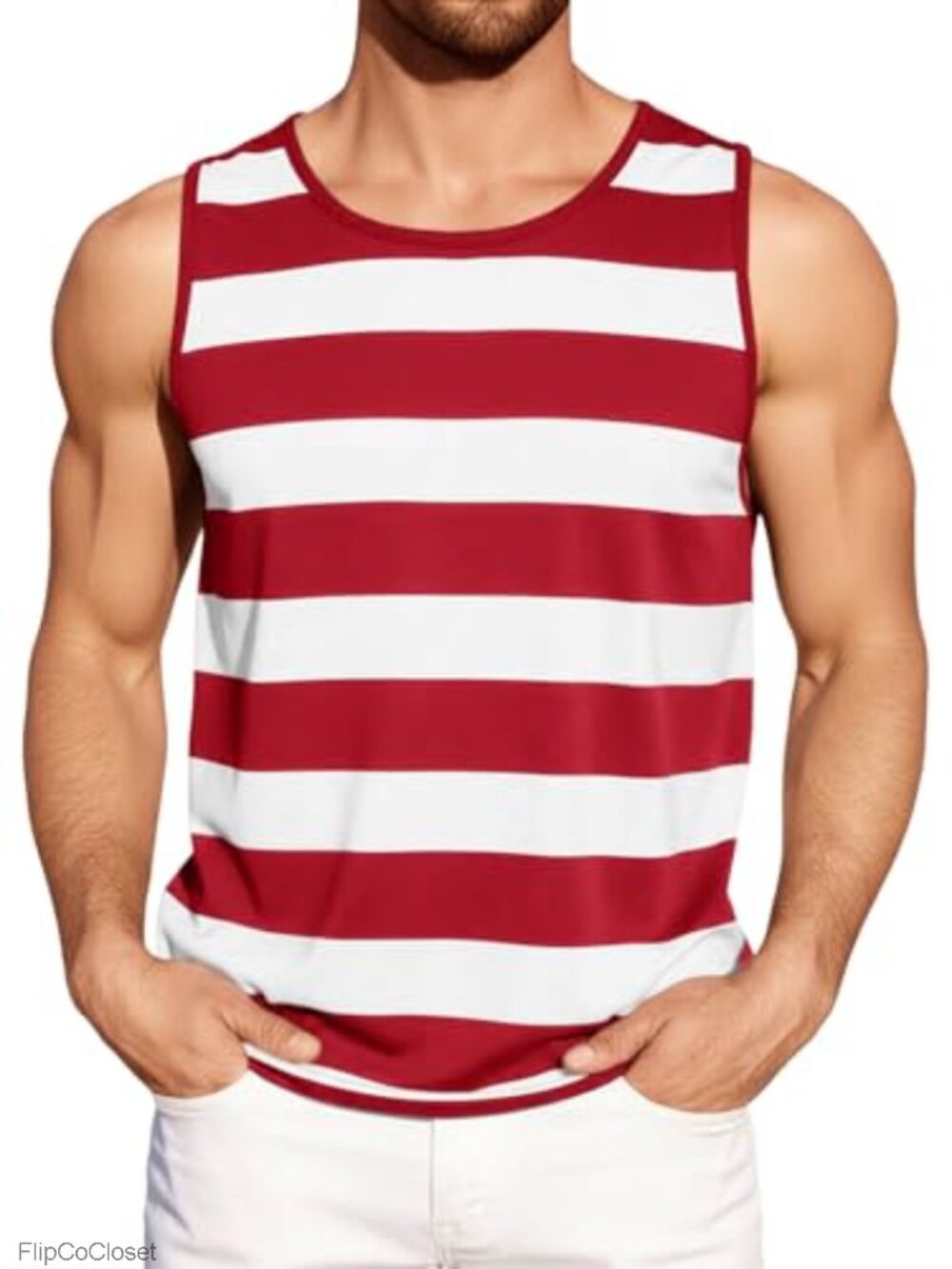 Mens Sleeveless Tank Top Striped Muscle Fit Gym Workout Shirt